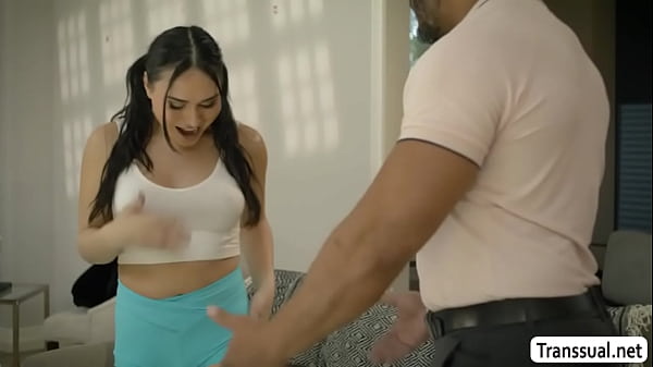 Horny stepdad Dillon Diaz and his TS stepdaughter Ember Fiera are on the couch kissing each other 