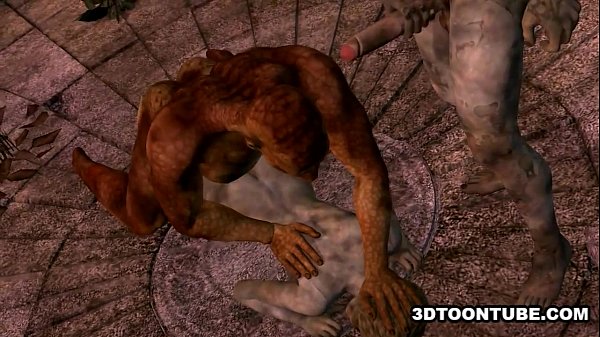 3D cartoon zombie babe getting double teamed outdoors