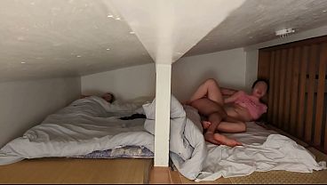 Shared Japanese bed, step-dad fucks stepdaughter at night, creampied
