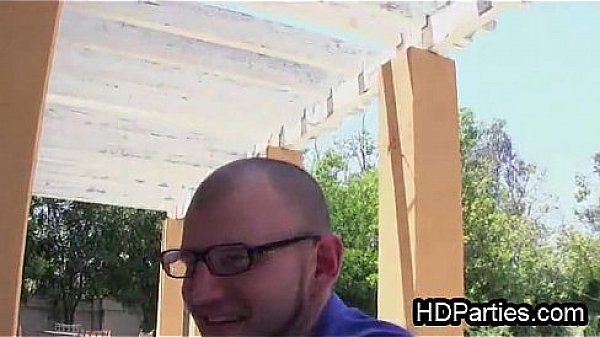 Lucky geek dude milked by three 