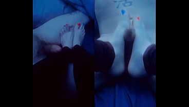 Handjob footjob split screen