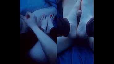 Handjob footjob split screen