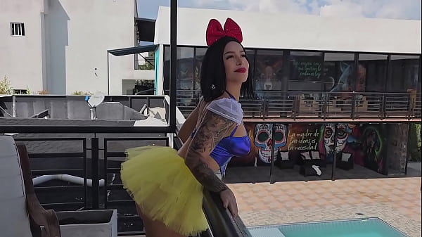 Double cumshot for little snow white slut who fucks a stranger after tasting an apple