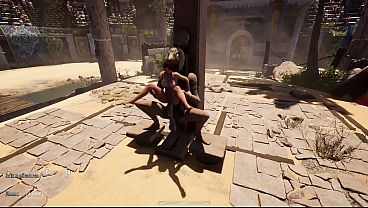Lara Croft woke up a statue and now Lara is being fucked in every hole in front of 1,000 spectators. 