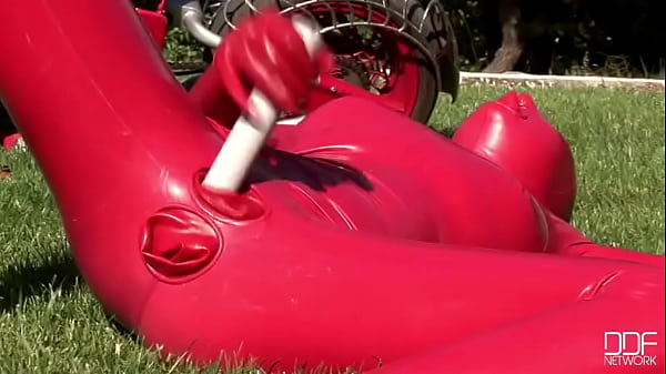 Busty babe toying in full latexwear