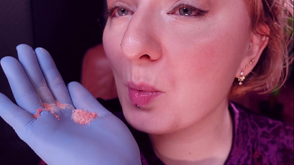 Popping candy teeth fetish and medical gloves 