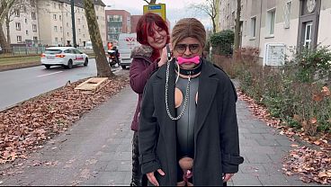 Exhibitionist Domme & Humiliated Sub: Queen Elena Flashes, Then Gags & Walks Sissy Femme Sandy thumbnail