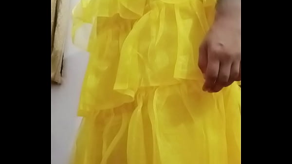 Indian gay Crossdresser Bottom pressing and playing with her big boobs in yellow gown real homemade sex