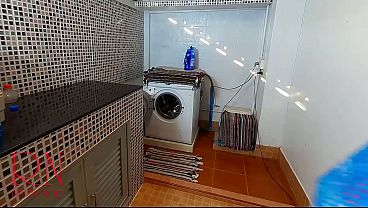 A Naked Housewife Cleans Clothes In Washing Machine. Depraved Housekeeper Works Without Panties. thumbnail