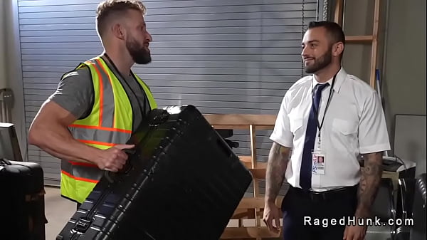 Baggage handler Morgxn Thicke is overloaded with suitcases when flight attendant Drew Valentino gets and sucks his dick then anal fucks him 