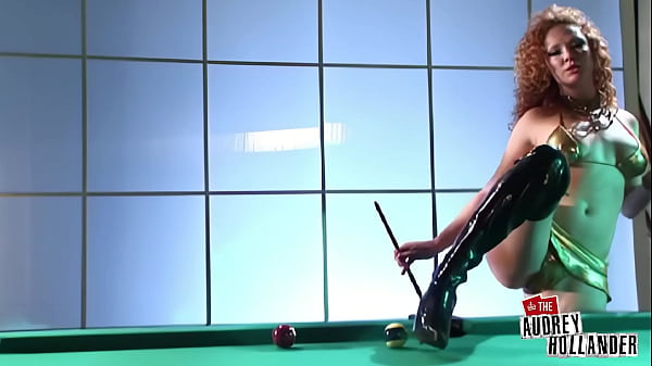 Audrey struts in latex bikini and grinds cue to orgasm 