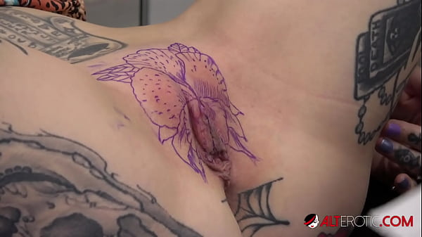 Petite Blonde Has Her Juicy Cunt Tattooed Then Sucks On A Big Dick thumbnail