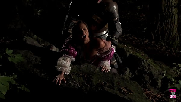 A knight engages in sexual intercourse with an attractive woman with dark hair in an outdoor setting using the doggy and cowgirl positions throughout the whole night