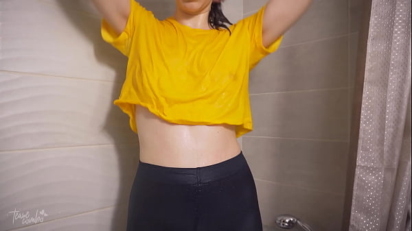 Amateur mom showering in wet yellow t shirt and control top nylons