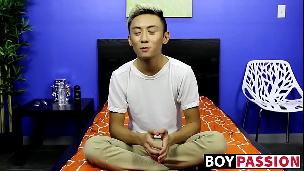 Asian twink strips naked and masturbates after an interview