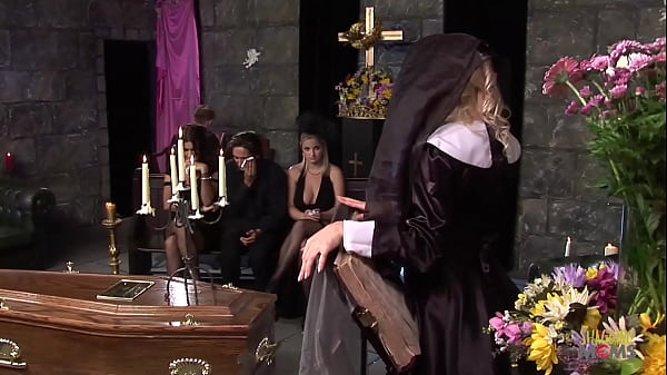 While Praying, The Group Of Milfs Get Aroused. They Turn Their Huge Tits Towards The Man With A Massive Bulge And Pounce On Him In Order To Have A Sloppy Foursome In The Middle Of The Church. thumbnail