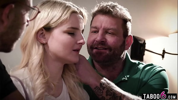 Cute blonde teen gets her tight pussy double stuffed by two dirty neighbors