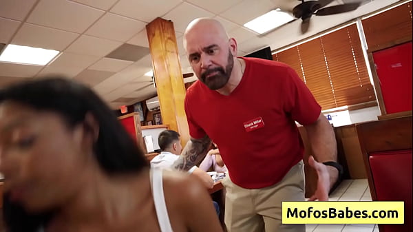 Busty blondie share bbc with her ebony friend and fuck customer in the restaurant