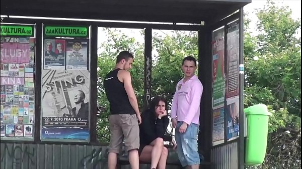 Cute brunette with big tits fuck in the middle of street in public sex threesome 