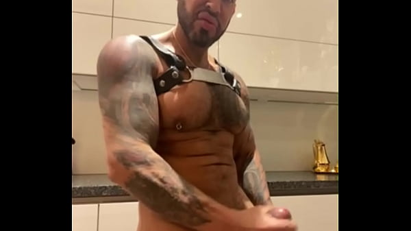 Latino gay pornstar in harness and leather panties in the kitchen fingering my cock - VIKTOR ROM - 