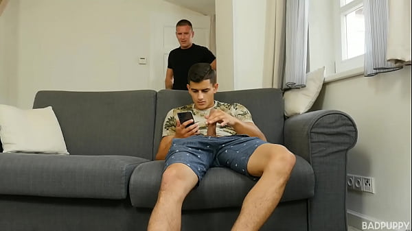 The deeper Luke's cock goes the more vertical Ted's cock becomes and as he starts gyrating on Luke's cock his own dick is bouncing side to side 