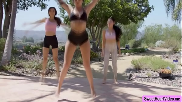 Yoga instructor gets her wet pussy licked by lesbian couple