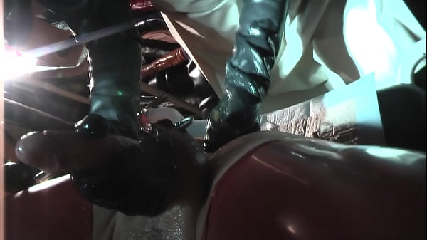 Rubbernurse Agnes - black nurse dress with gasmask, handjob, anal fisting,cum