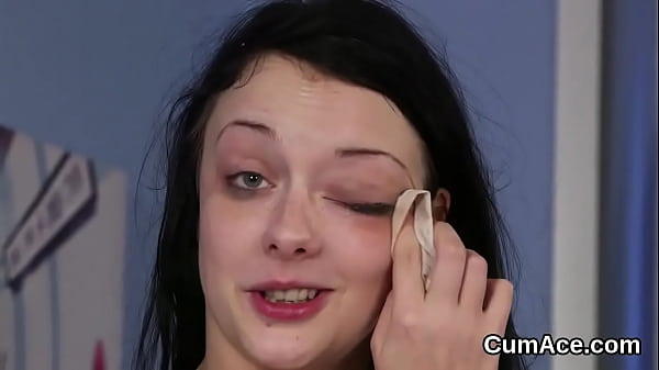 Naughty idol_gets jizz shot on her face eating all the juice