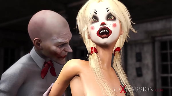 Man_wearing_a clown_mask plays with_a cute sexy blonde in the abandoned room