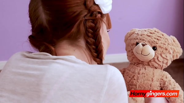 Redhead talksabout her day with teddy bear before being fucked hard