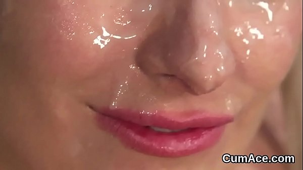 Nasty babe gets sperm load on her face sucking all the cream 