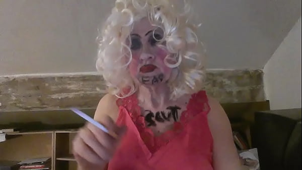 Play MP4 - CD Sissy Sarah Millward knows her ID&comma; as indicated by what's written on her face and chest - 'fag slut' -   as she smokes&comma; wanks her clit&comma; and stuffs a dildo up her nasty lady hole
