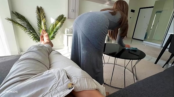 Step mom caught step son with boner while cleaning and helped him cum on her big round ass 