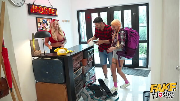 Fake Hostel Quicky withsexy girlfriendturns into a threesome_when busty MILF_staff gets horny