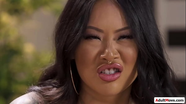 Busty Asian boss takes both naughty employees to the backroom.Th blue haired big tits babe licks the tattooed boss shaved pussy while she sucks cock 