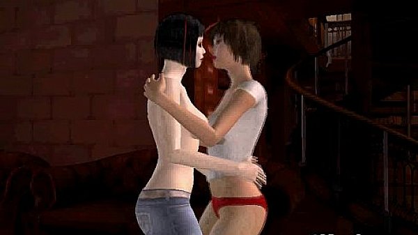 Two sexy 3D brunette babes use a strapon to fuck eachother 