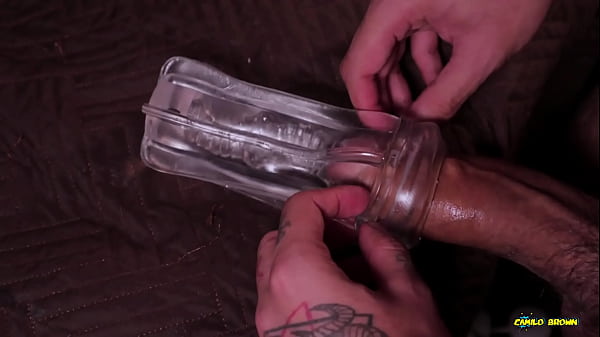 Big Hairy Cock Daddy Fucking a Transparent Fleshlight and Filling It with Cum 