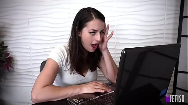 Busty brunette gets bimbofied by spam mail she gets naked and plays with her pussy in the office