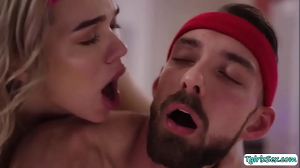 Blonde transexual Emma Rose went to the gym with her hunk straight guy instructor Johnny B putting on a playful flirt slowly leaning him kissing. 