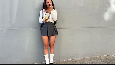 Nonton A Poor Student Agreed To Sell Her Panties And Showed Her Panties And Pussy To A Stranger To Buy A New Backpack, But The Man Offered More thumbnail