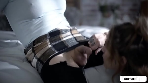 Tattooed teen Vanessa Vega and her TS stepmom are on the bed kissing each other.After that,she throats the hard shecock of her stepmom and in return,she gets her pussy licked and fucked so deep and fucking hard. 