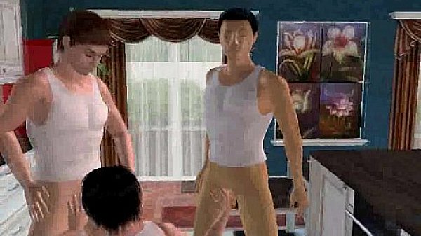 3D cartoon hunk gets double teamed in the kitchen 