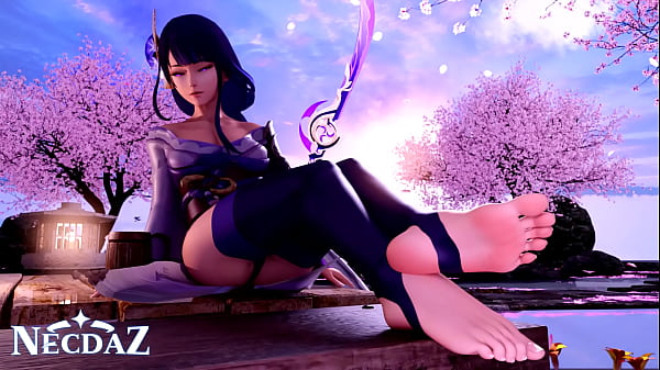 Raiden from genshin impact shows her soles in stirrups 