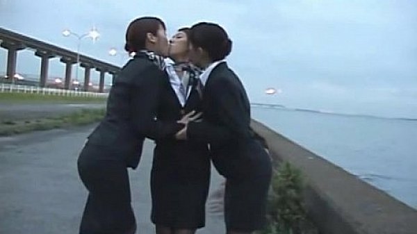3 Japanese Lesbian Airline Stewardess Girls Kissing! 