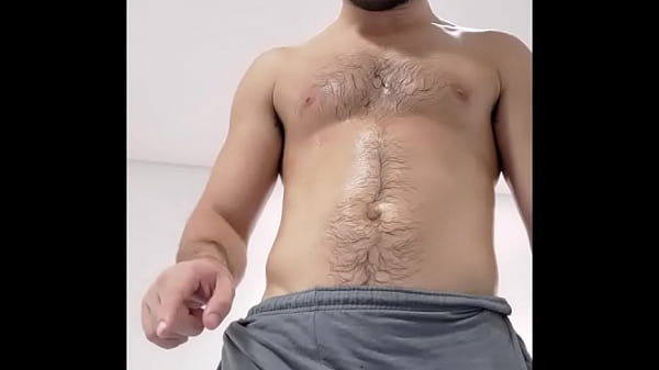 Working out in sweatpants - fit hairy chested straight male getting all sweaty in hot weather 