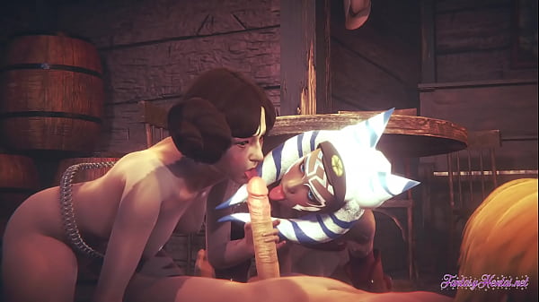 Play MP4 - Starwars Hentai Threesome Ahsoka Leia 3D 4K - Lick and suck a dick with cumshot in a mouth and fuck both at same time