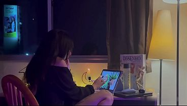 Girlfriend drawing peacefully until i surprise her with hard fuck from behind 