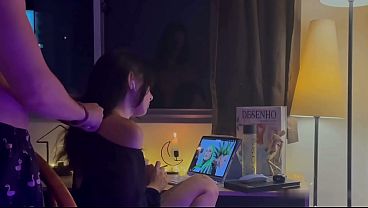 Girlfriend drawing peacefully until i surprise her with hard fuck from behind 