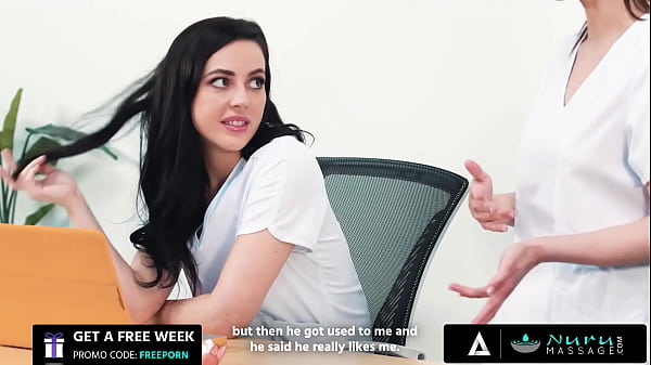 Sexy babe gives hot massage with her colleague