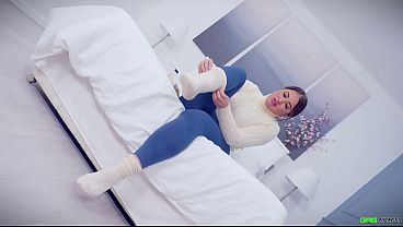 Brunette girl next door with huge boobs hogtied bound gagged with tape and totally helpless in her tight bondage BDSM pantyhose encasement EP